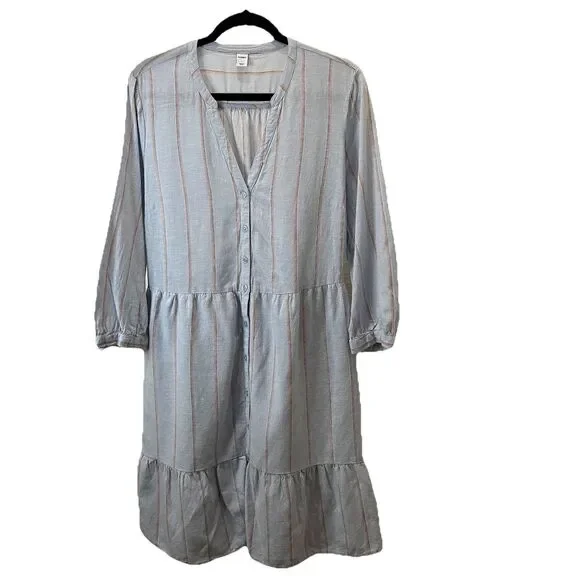 Old Navy | Dresses | Old Navy Striped Light Blue Button Up Linen Blend Dress  Coastal Beachy Womens L | Poshmark